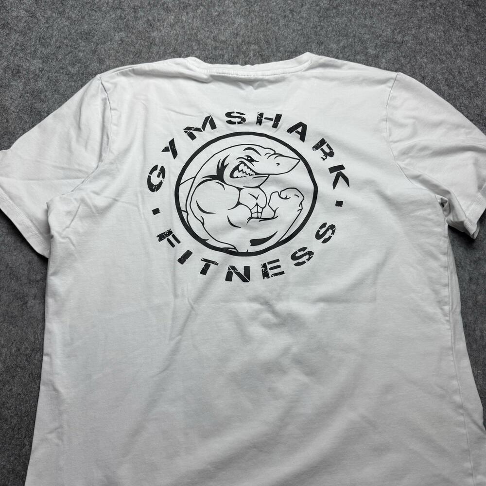 Gymshark Shirt Mens Medium White Fitness Shark Logo Graphic Tee Bodybuilding